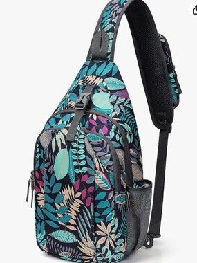 RFID Sling Backpack Crossbody Chest Bag Daypack Leaf Print Multi NWOT